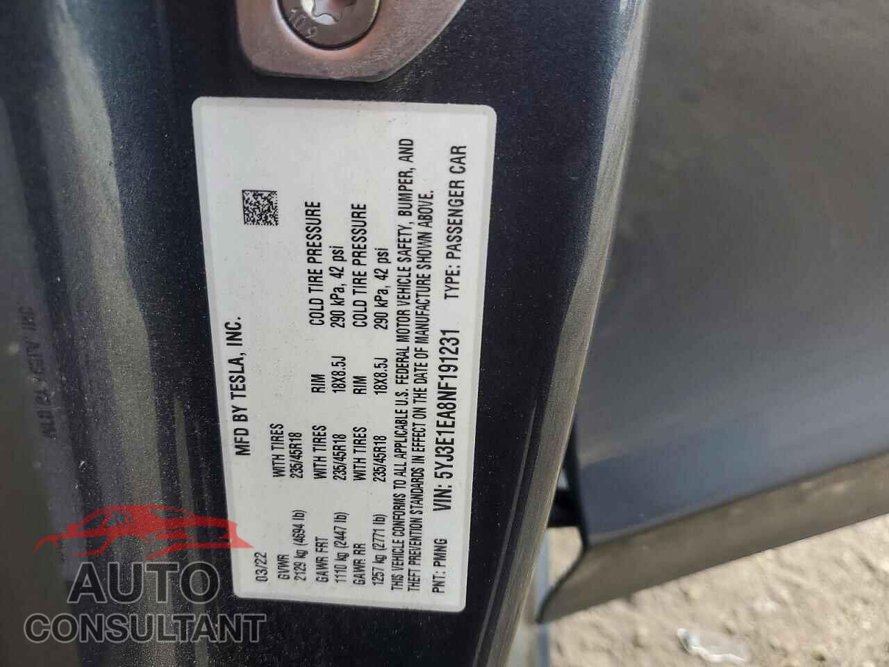 TESLA MODEL 3 2022 - 5YJ3E1EA8NF191231