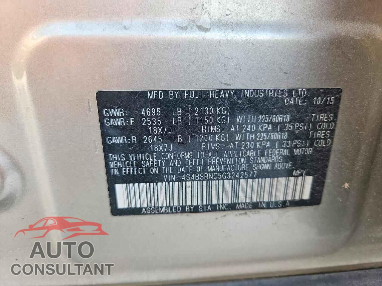 SUBARU OUTBACK 2016 - 4S4BSBNC5G3242577