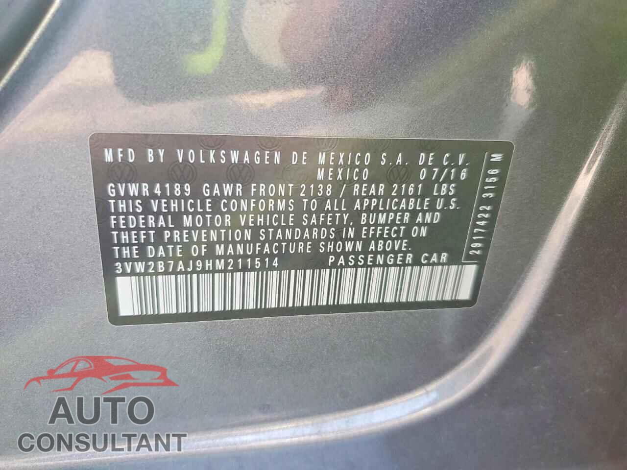VOLKSWAGEN JETTA 2017 - 3VW2B7AJ9HM211514