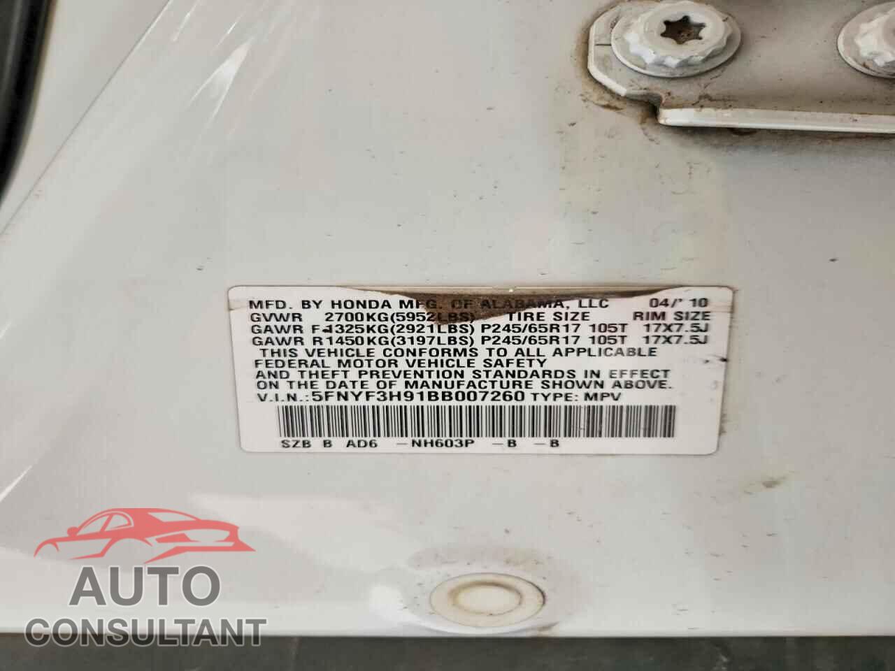 HONDA PILOT 2011 - 5FNYF3H91BB007260