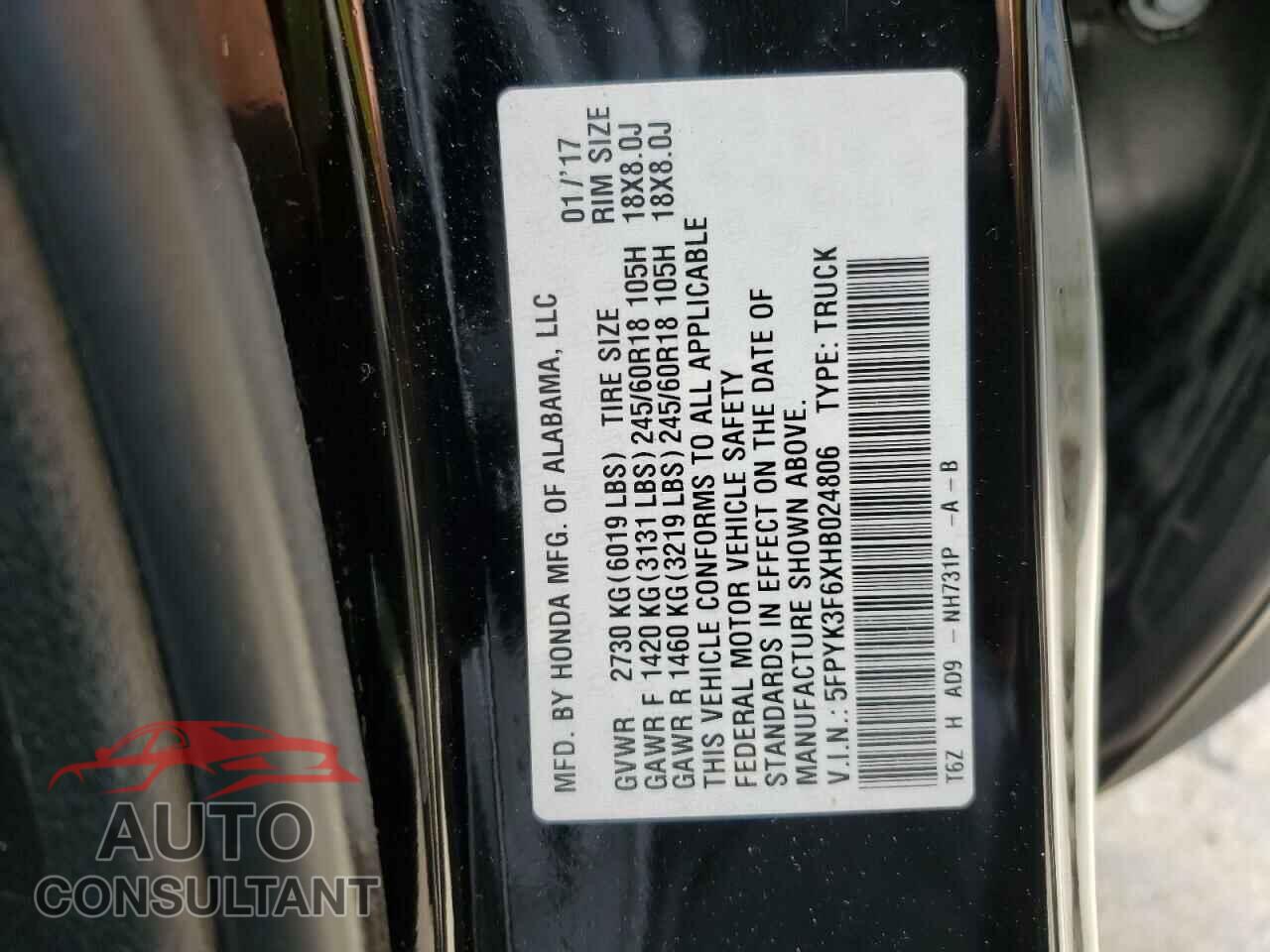 HONDA RIDGELINE 2017 - 5FPYK3F6XHB024806