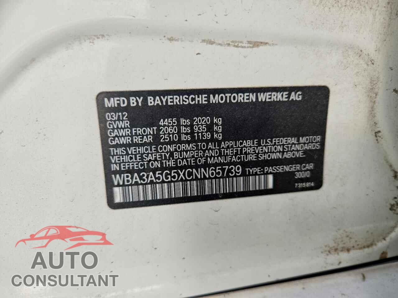 BMW 3 SERIES 2012 - WBA3A5G5XCNN65739