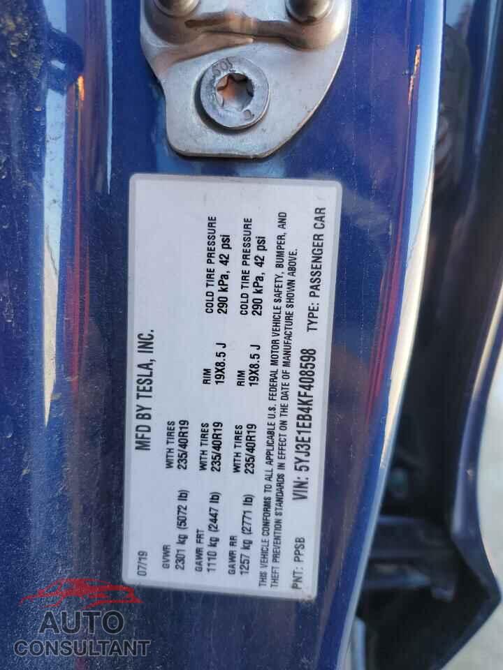 TESLA MODEL 3 2019 - 5YJ3E1EB4KF408598