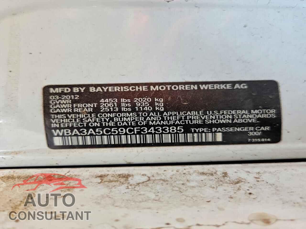 BMW 3 SERIES 2012 - WBA3A5C59CF343385