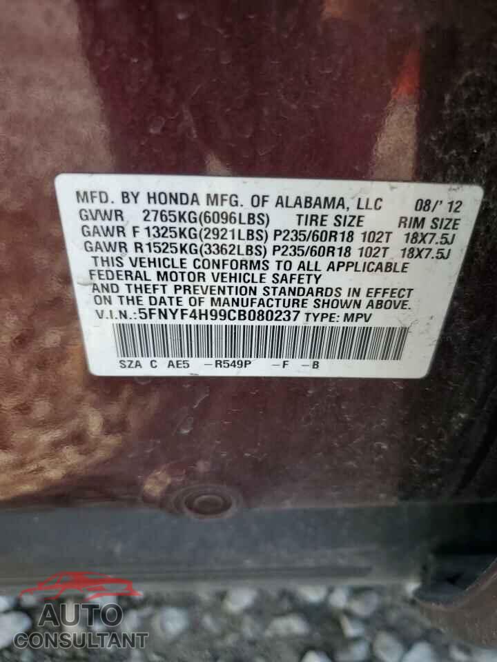 HONDA PILOT 2012 - 5FNYF4H99CB080237