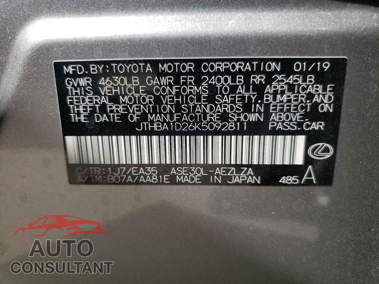 LEXUS IS 2019 - JTHBA1D26K5092811