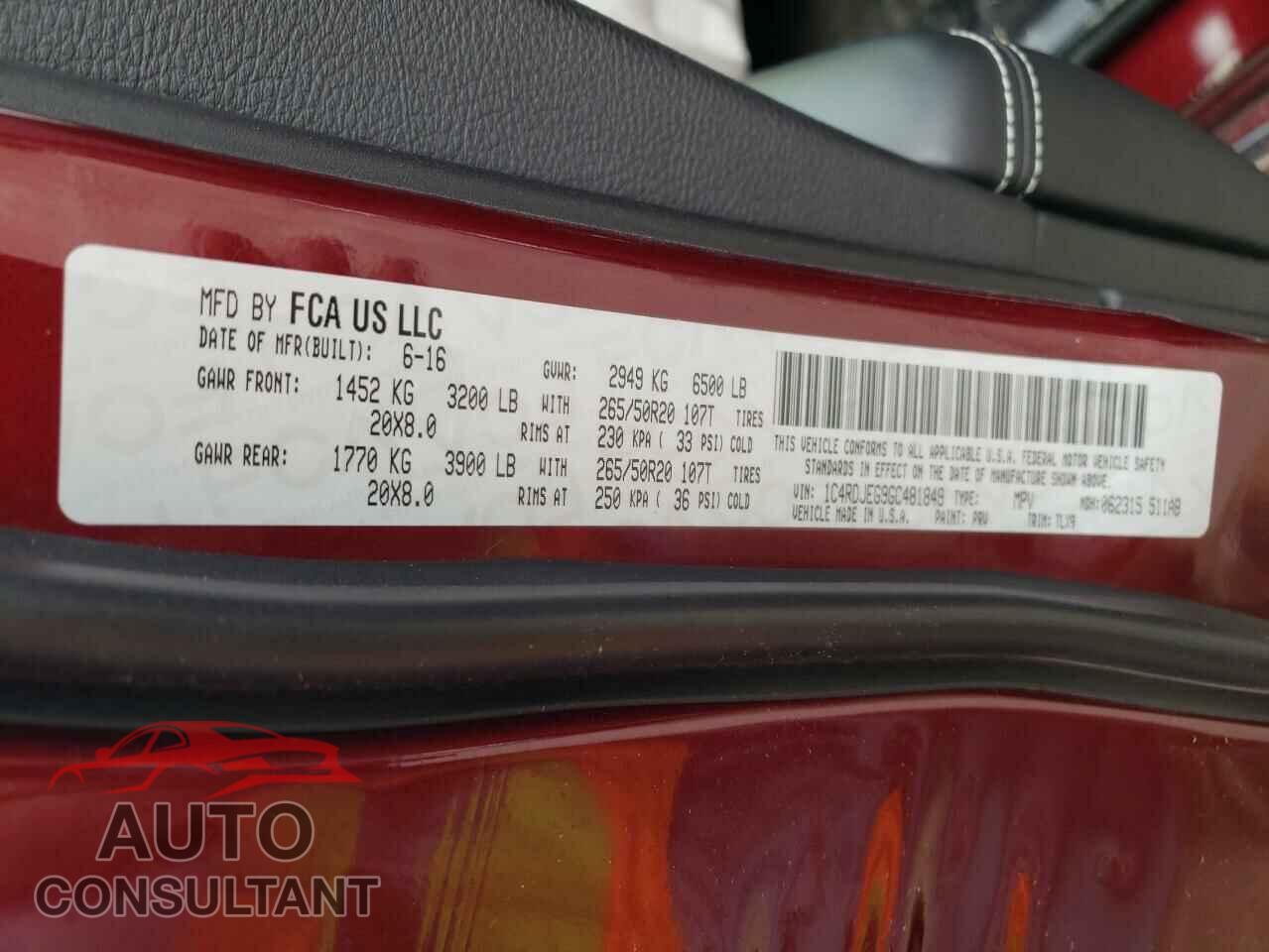 DODGE DURANGO 2016 - 1C4RDJEG9GC481849