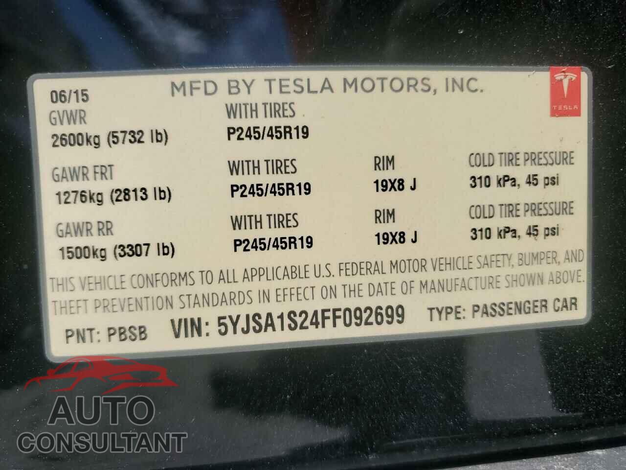 TESLA MODEL S 2015 - 5YJSA1S24FF092699