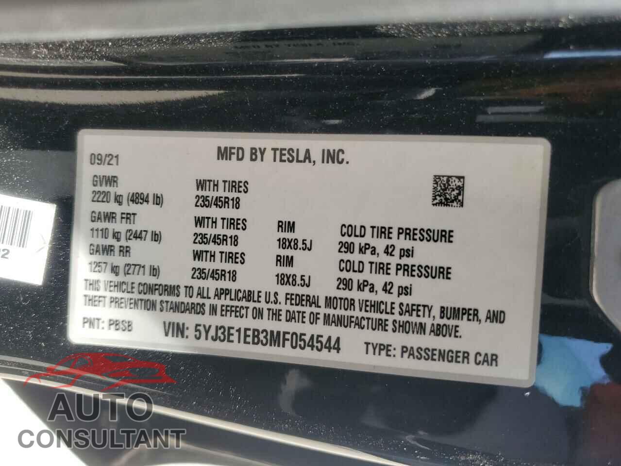 TESLA MODEL 3 2021 - 5YJ3E1EB3MF054544