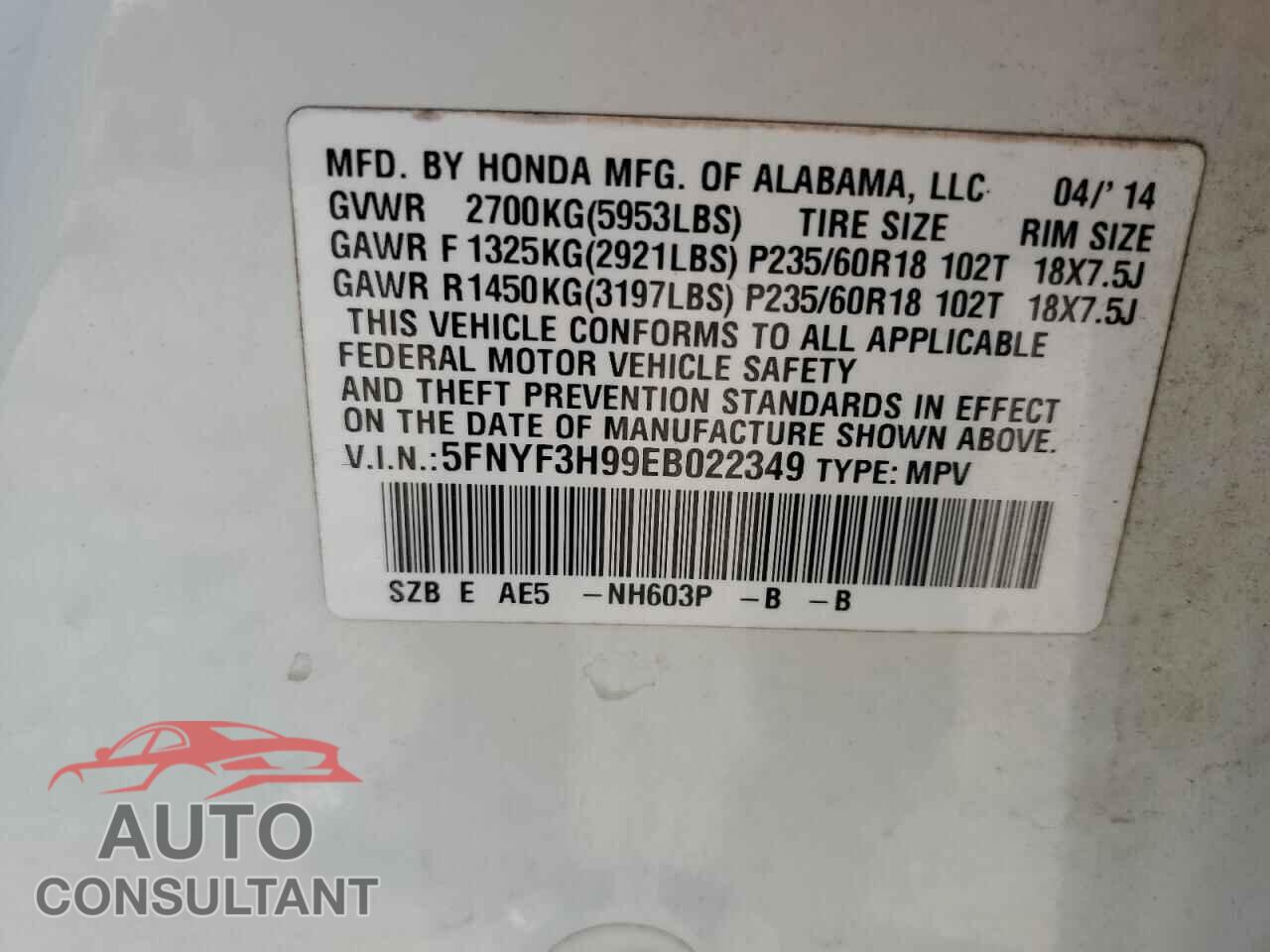 HONDA PILOT 2014 - 5FNYF3H99EB022349