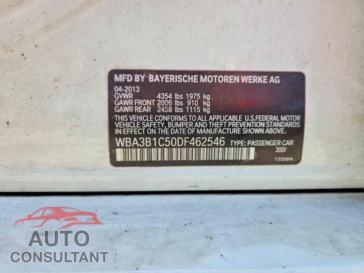 BMW 3 SERIES 2013 - WBA3B1C50DF462546