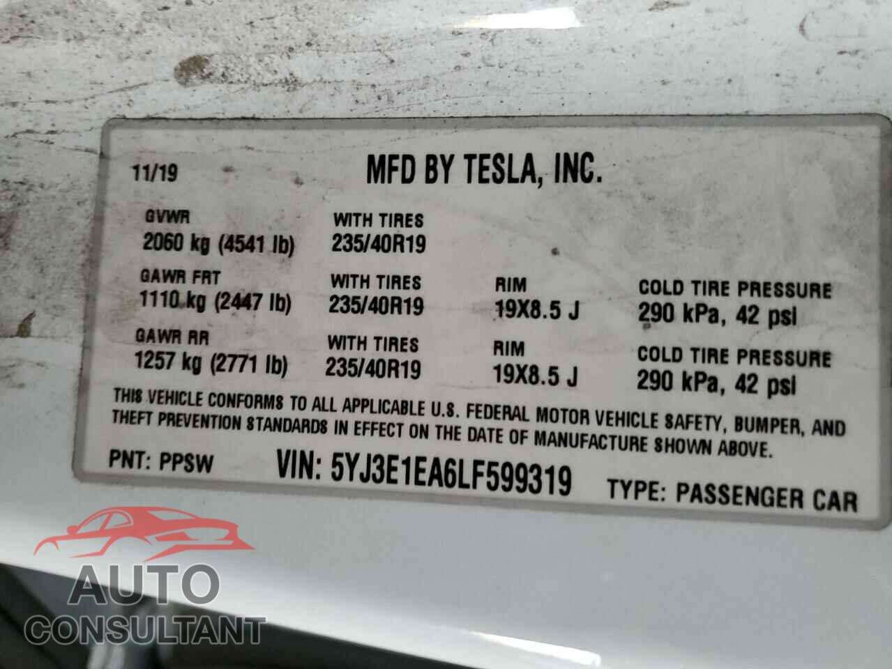 TESLA MODEL 3 2020 - 5YJ3E1EA6LF599319