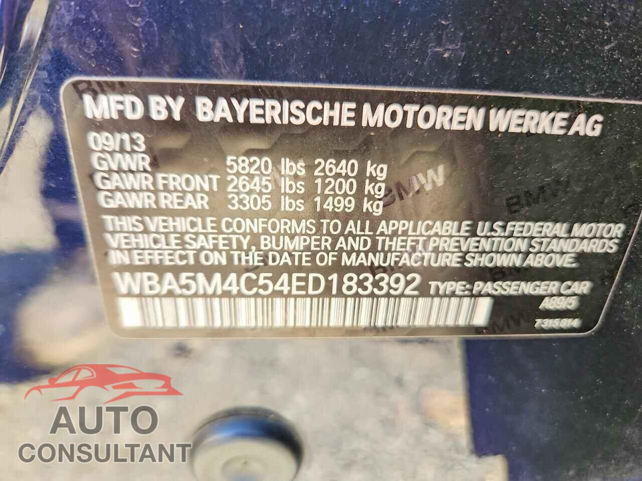 BMW 5 SERIES 2014 - WBA5M4C54ED183392