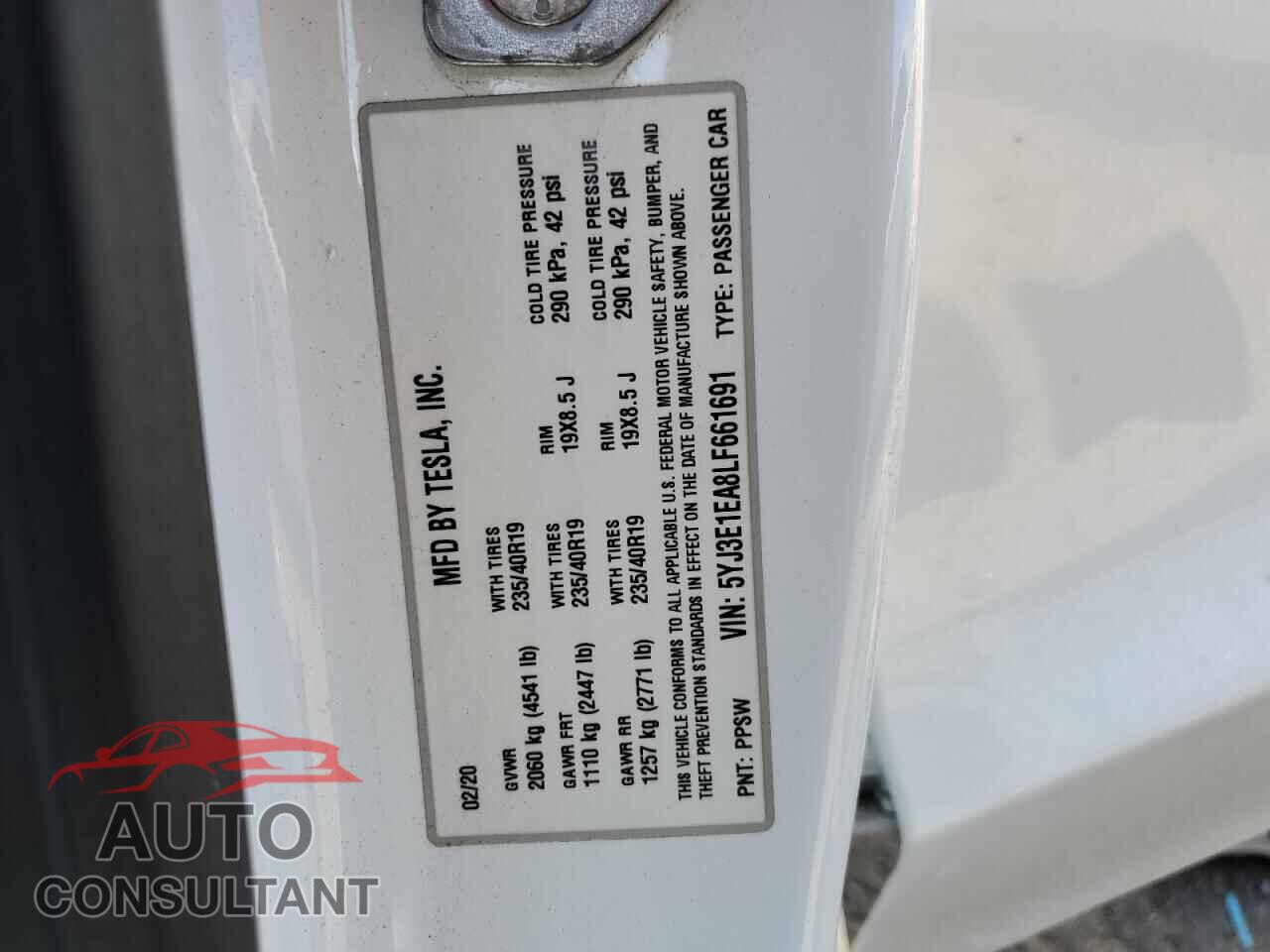 TESLA MODEL 3 2020 - 5YJ3E1EA8LF661691
