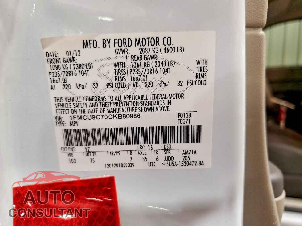 FORD ESCAPE 2012 - 1FMCU9C70CKB80986