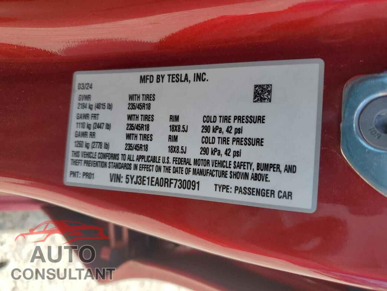 TESLA MODEL 3 2024 - 5YJ3E1EA0RF730091