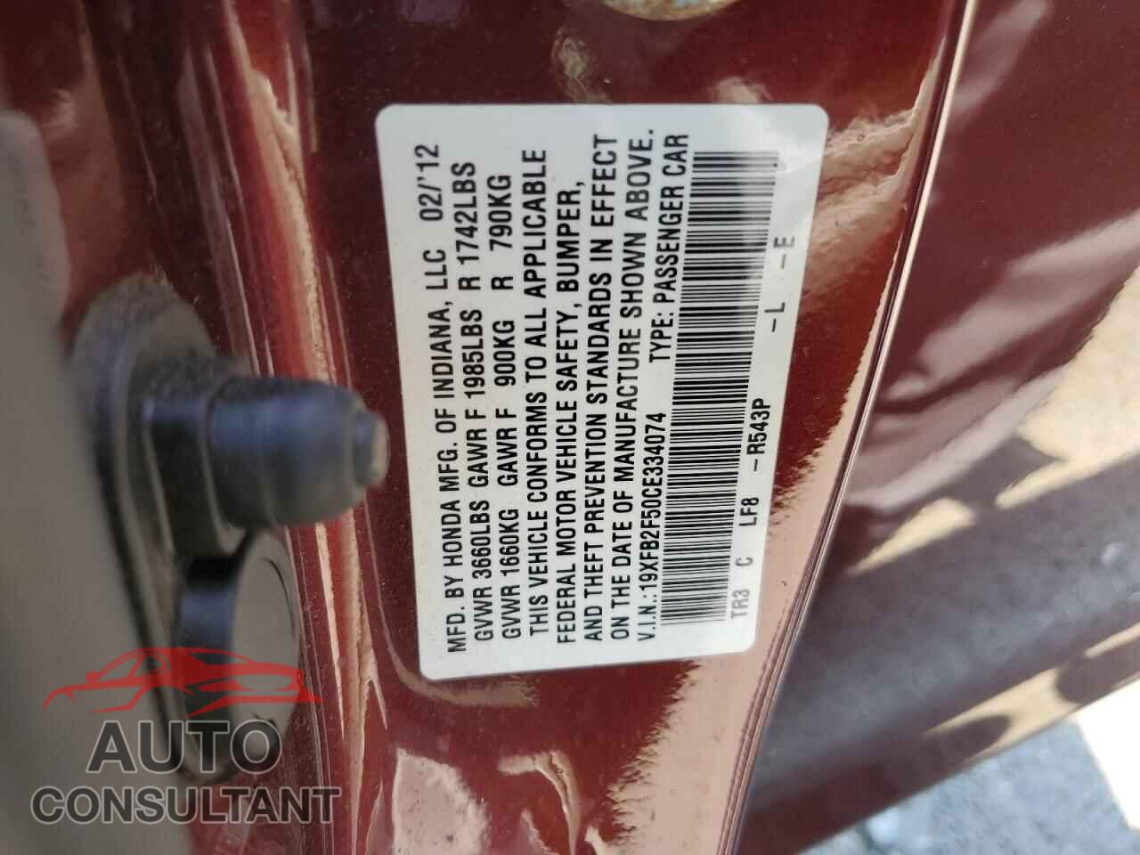 HONDA CIVIC 2012 - 19XFB2F50CE334074