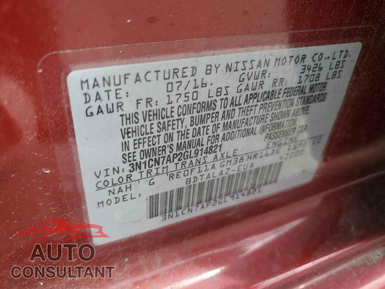 NISSAN VERSA 2016 - 3N1CN7AP2GL914821