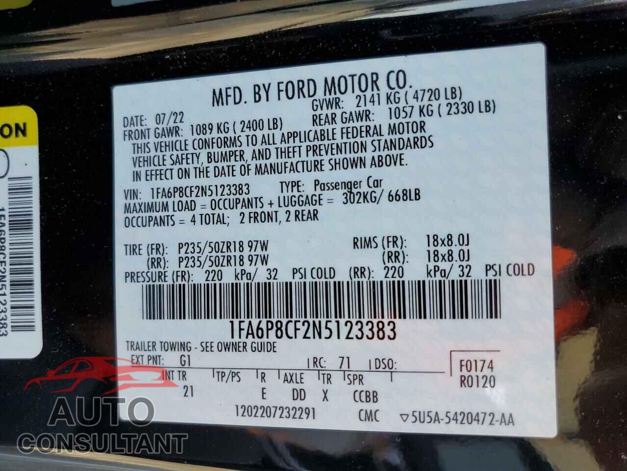 FORD MUSTANG 2022 - 1FA6P8CF2N5123383