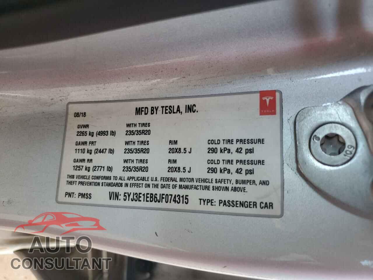 TESLA MODEL 3 2018 - 5YJ3E1EB6JF074315