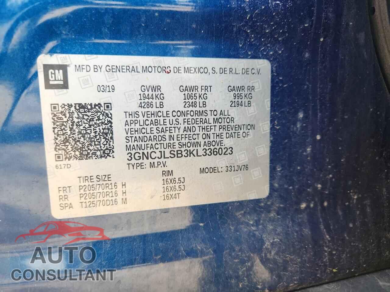 CHEVROLET TRAX 2019 - 3GNCJLSB3KL336023