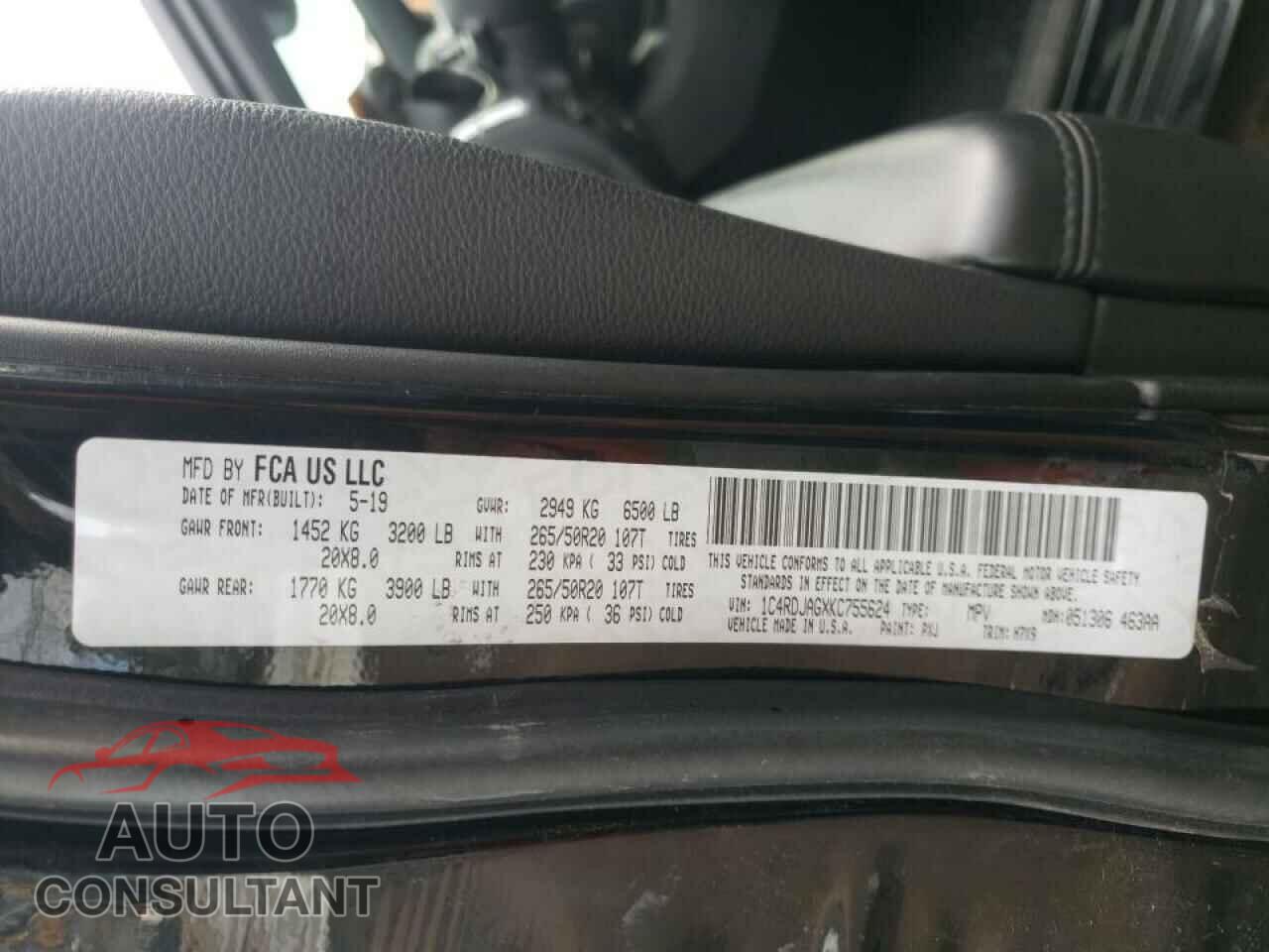 DODGE DURANGO 2019 - 1C4RDJAGXKC755624