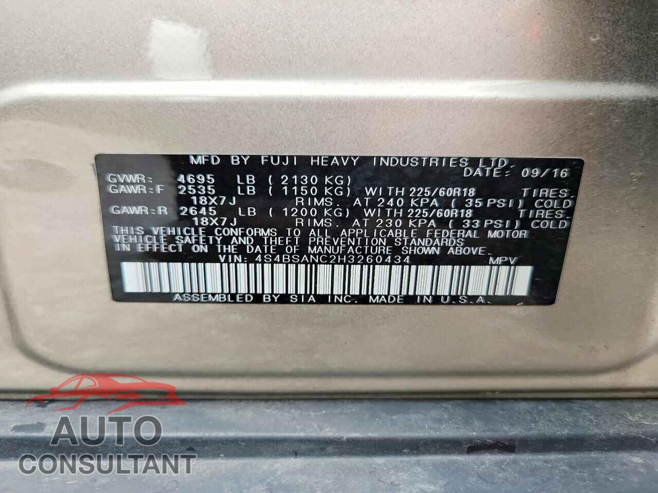 SUBARU OUTBACK 2017 - 4S4BSANC2H3260434