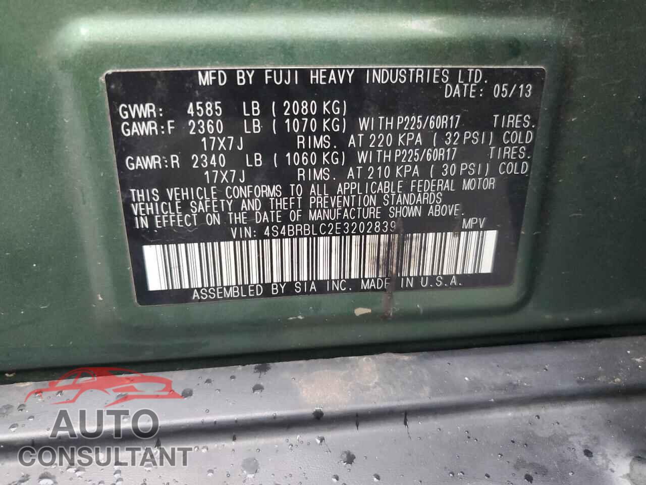SUBARU OUTBACK 2014 - 4S4BRBLC2E3202839