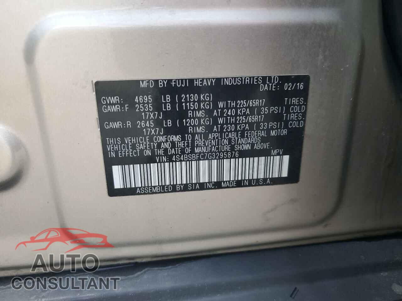 SUBARU OUTBACK 2016 - 4S4BSBFC7G3295876