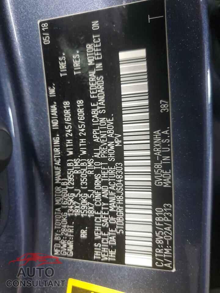 TOYOTA HIGHLANDER 2018 - 5TDBGRFH8JS048303