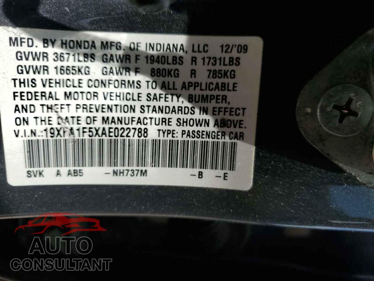 HONDA CIVIC 2010 - 19XFA1F5XAE022788