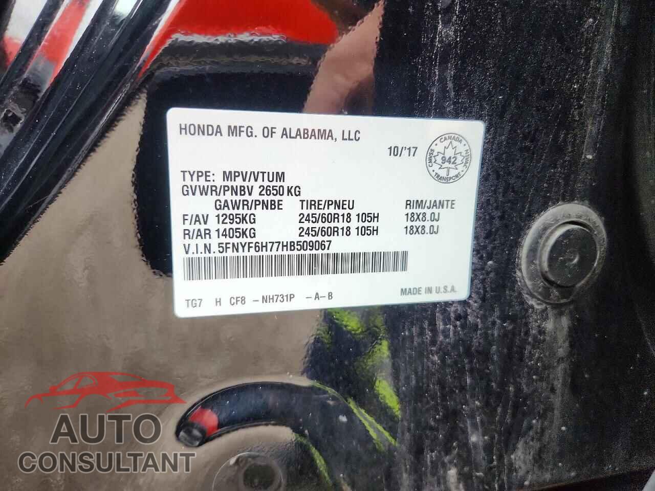 HONDA PILOT 2017 - 5FNYF6H77HB509067