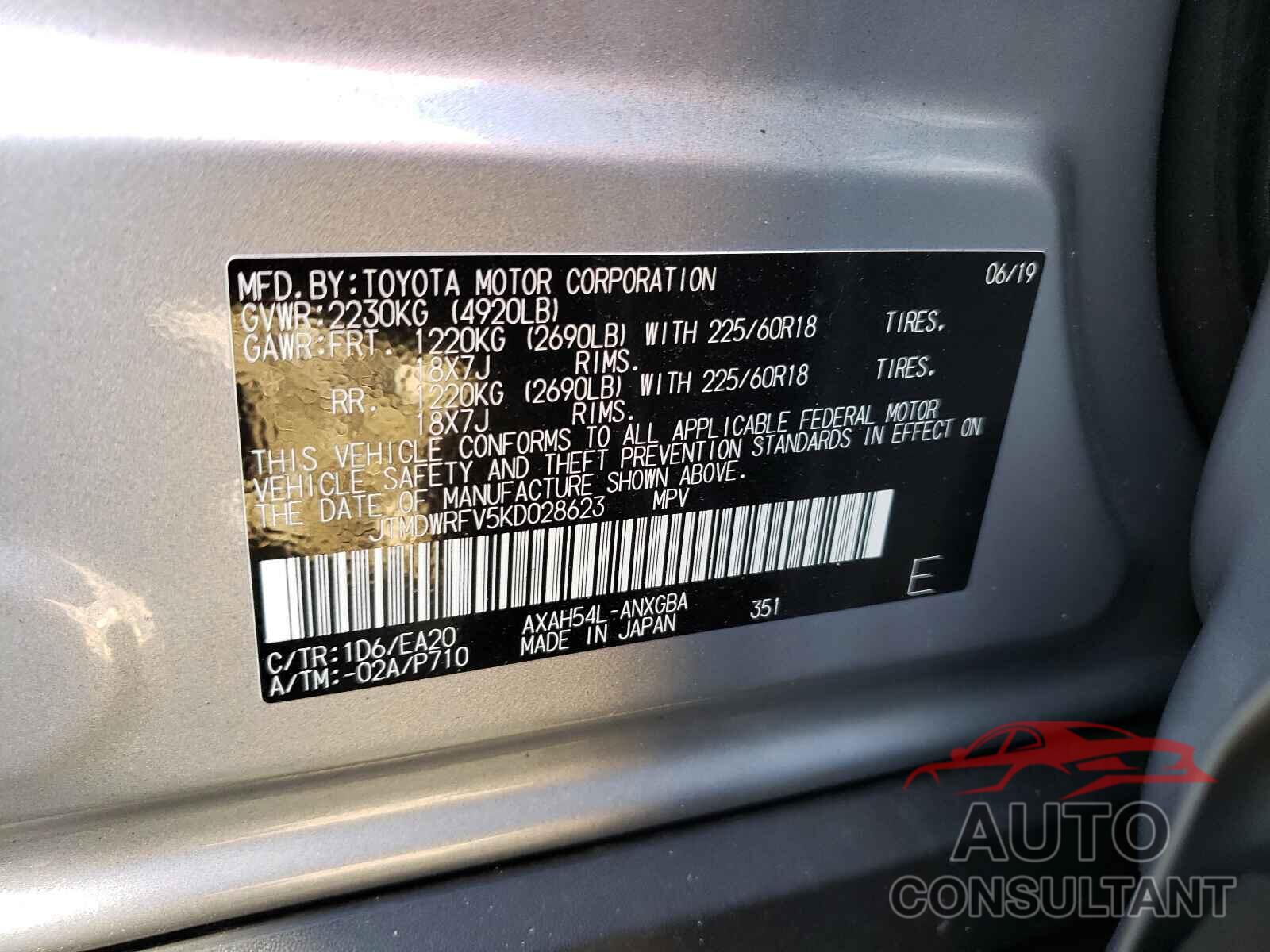 TOYOTA RAV4 2019 - JTMDWRFV5KD028623