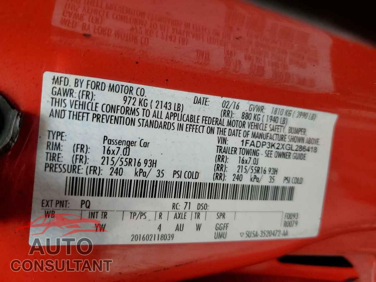 FORD FOCUS 2016 - 1FADP3K2XGL286418