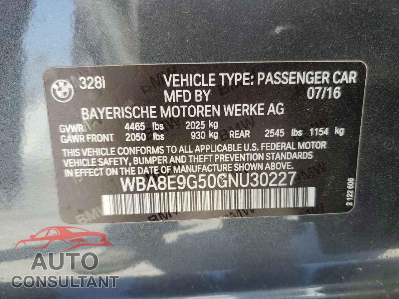 BMW 3 SERIES 2016 - WBA8E9G50GNU30227
