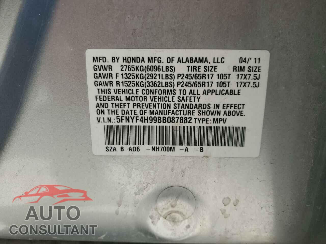 HONDA PILOT 2011 - 5FNYF4H99BB087882