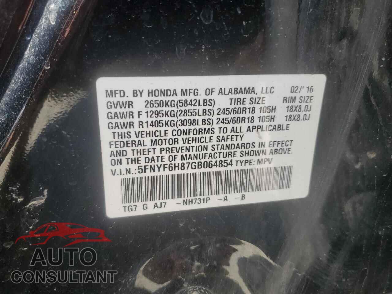 HONDA PILOT 2016 - 5FNYF6H87GB064854