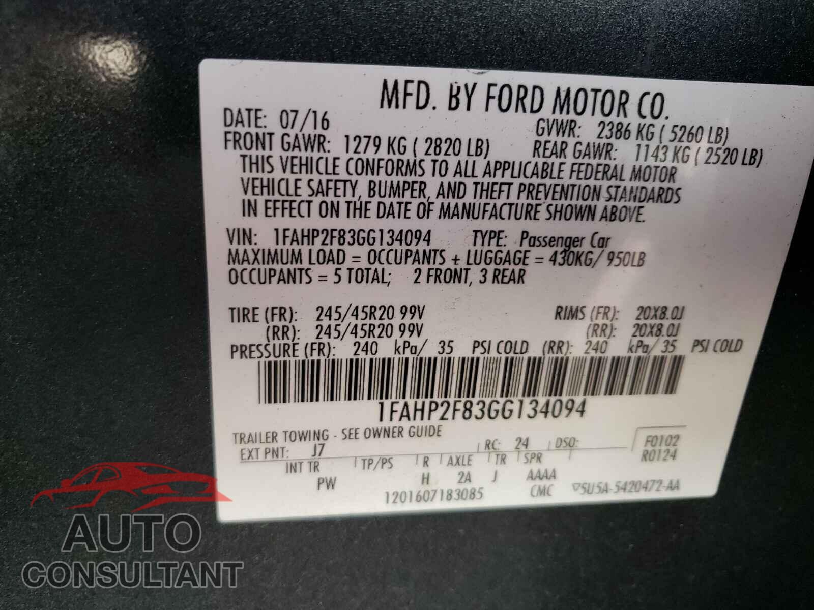FORD TAURUS 2016 - 1FAHP2F83GG134094