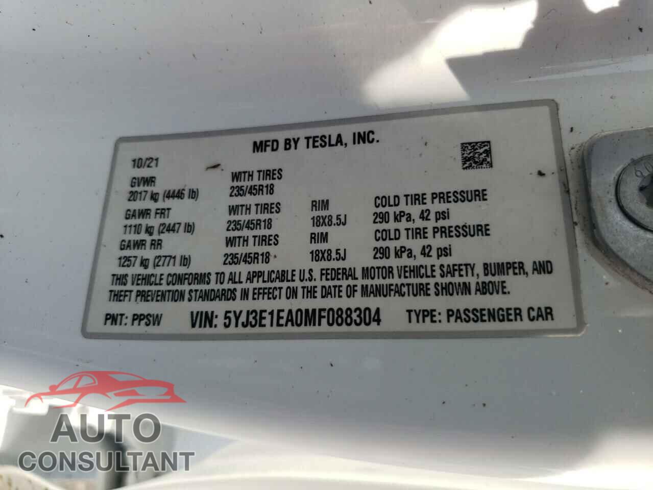 TESLA MODEL 3 2021 - 5YJ3E1EA0MF088304