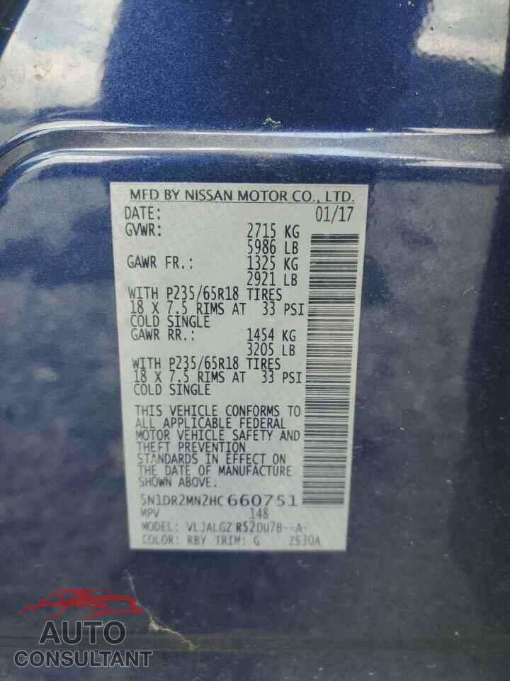 NISSAN PATHFINDER 2017 - 5N1DR2MN2HC660751