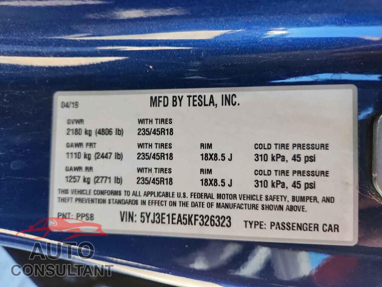 TESLA MODEL 3 2019 - 5YJ3E1EA5KF326323