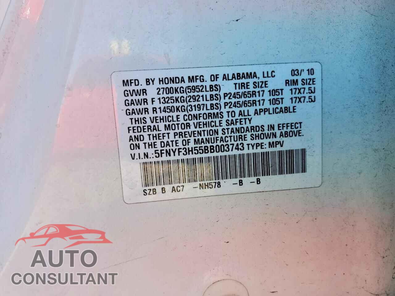 HONDA PILOT 2011 - 5FNYF3H55BB003743