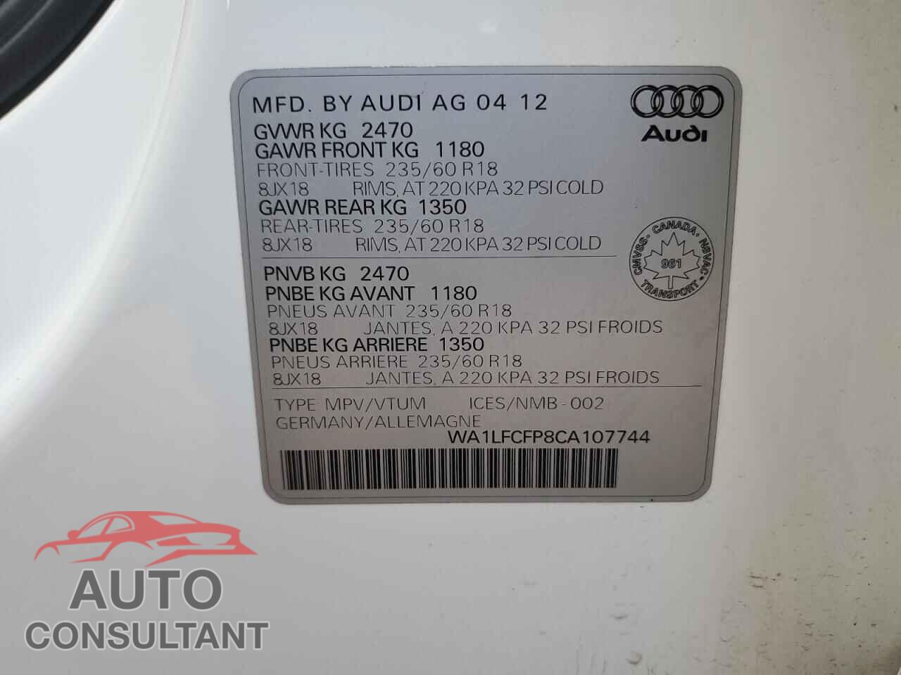 AUDI Q5 2012 - WA1LFCFP8CA107744