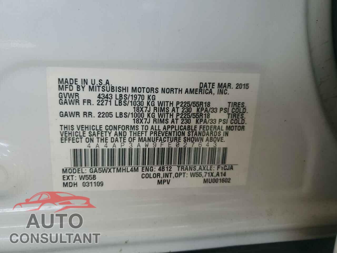 MITSUBISHI OUTLANDER 2015 - 4A4AP3AW9FE027643