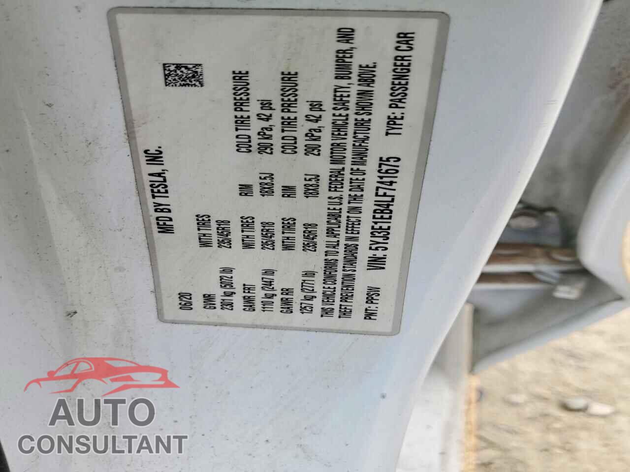 TESLA MODEL 3 2020 - 5YJ3E1EB4LF741675