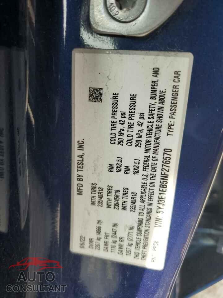 TESLA MODEL 3 2022 - 5YJ3E1EB5NF276570