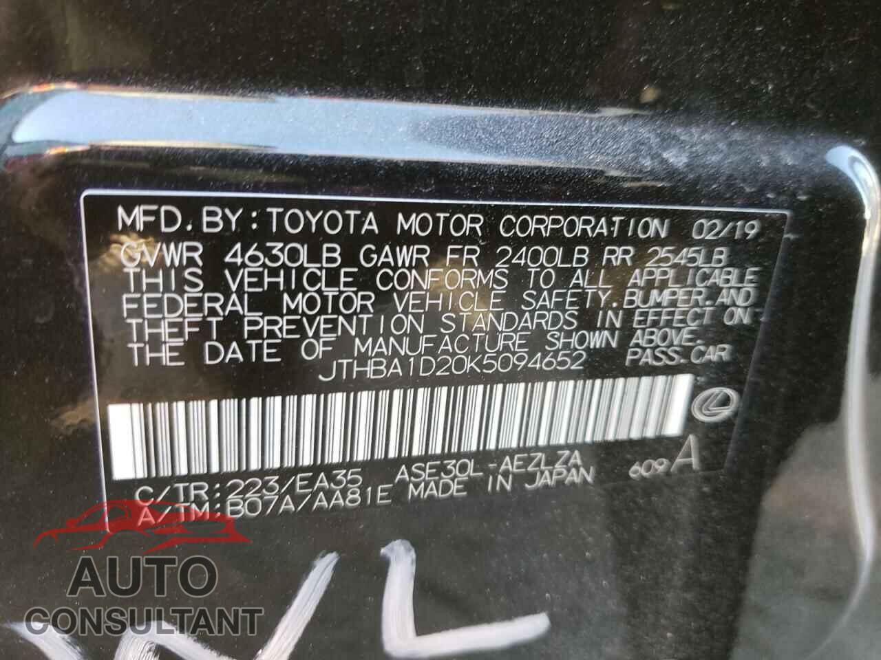LEXUS IS 2019 - JTHBA1D20K5094652
