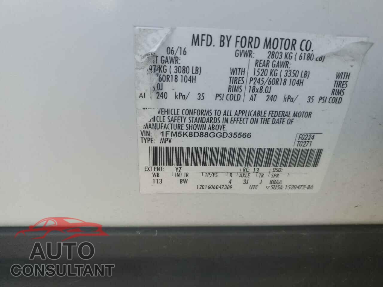FORD EXPLORER 2016 - 1FM5K8D88GGD35566