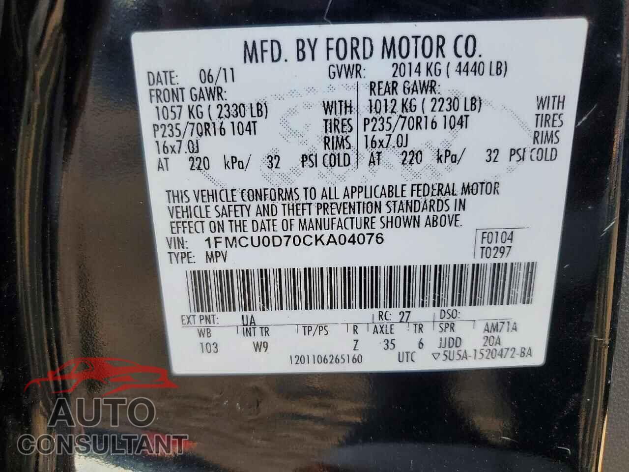FORD ESCAPE 2012 - 1FMCU0D70CKA04076