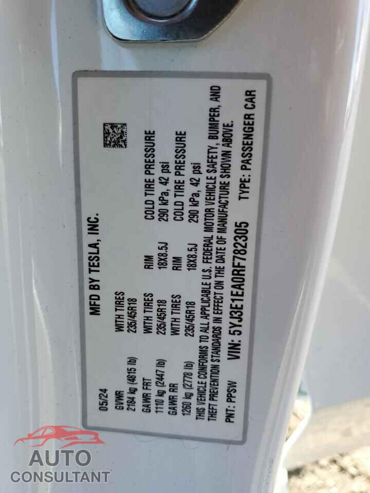 TESLA MODEL 3 2024 - 5YJ3E1EA0RF782305